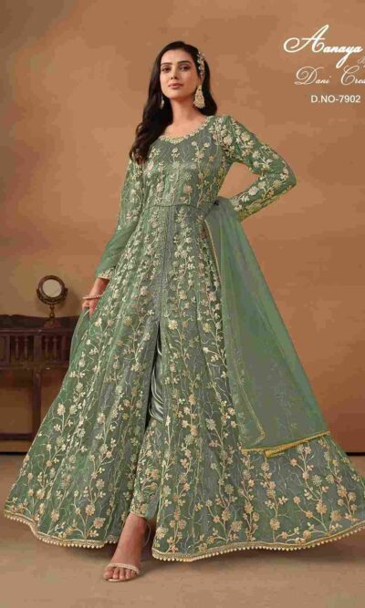 Light Grey Anarkali Net Suit
