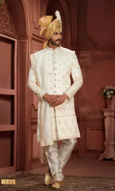White Gold Pure Silk Sherwani