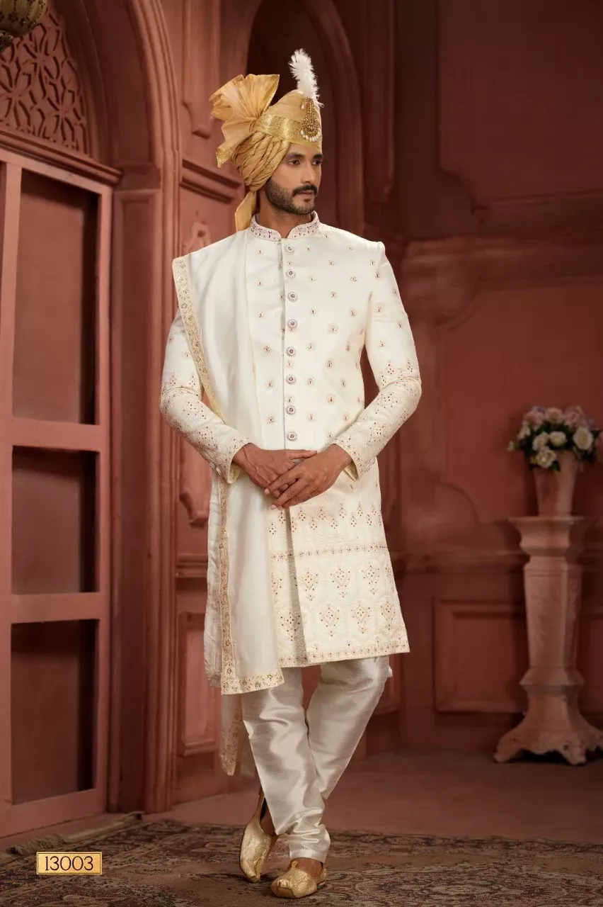White Gold Pure Silk Sherwani