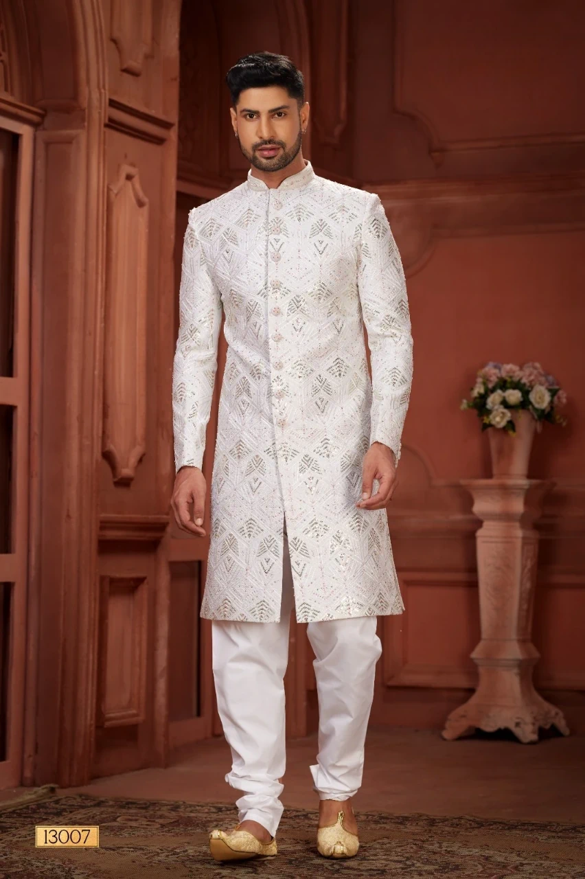White Pure Silk Sherwani