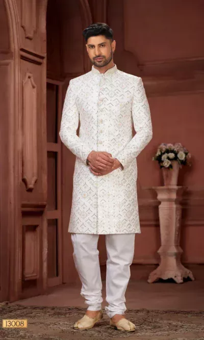 Simple White Pure Silk Sherwani