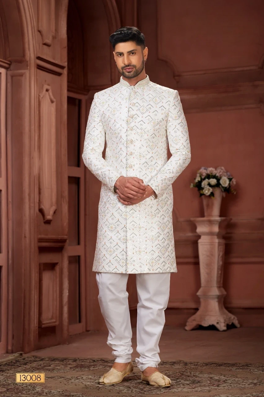 Simple White Pure Silk Sherwani