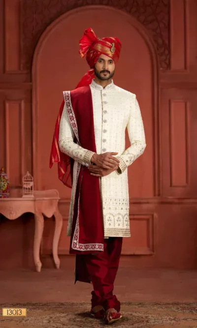 White Maroon Pure Silk Sherwani