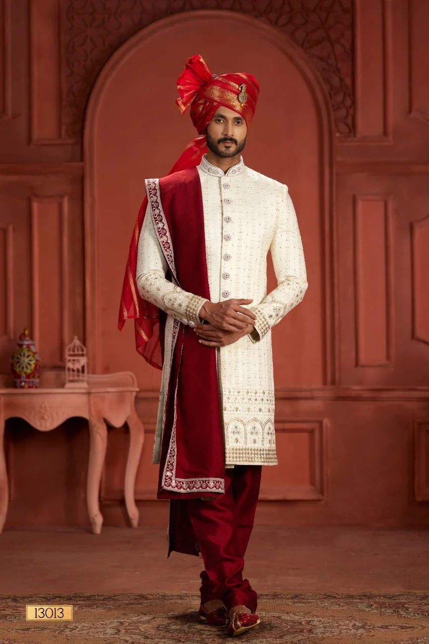 White Maroon Pure Silk Sherwani