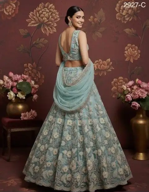 Sky Blue Heavy Net Handwork Lehenga Choli - Image 3