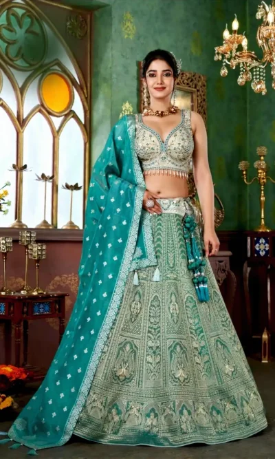 Light Bluish Net Jacquard Lehenga Choli