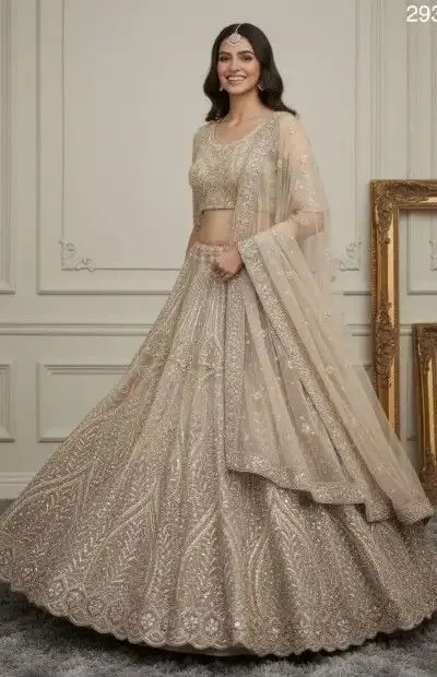 Light Brown Heavy Net Embroidery Work Lehenga Choli