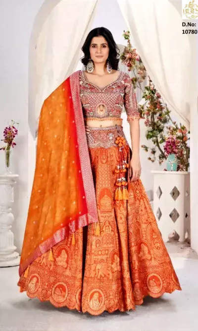 Orange Designer Jacquard Lehenga Choli