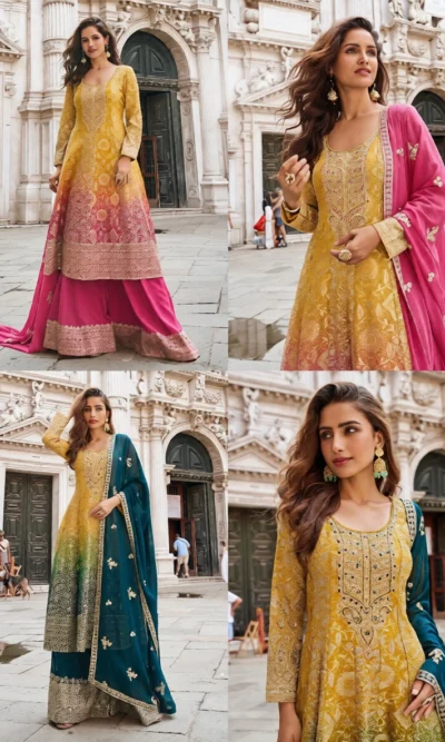 Yellow Pink Green Viscose Salwar Suit