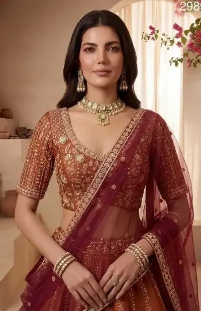 SILK LEHENGA CHOLI  GOLDEN PEACOCK HANDWORK