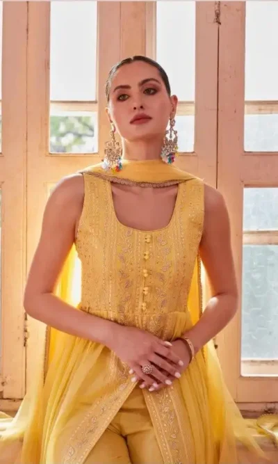 GULBAHAR FRILLED LONG GOWN  SLEEVELESS