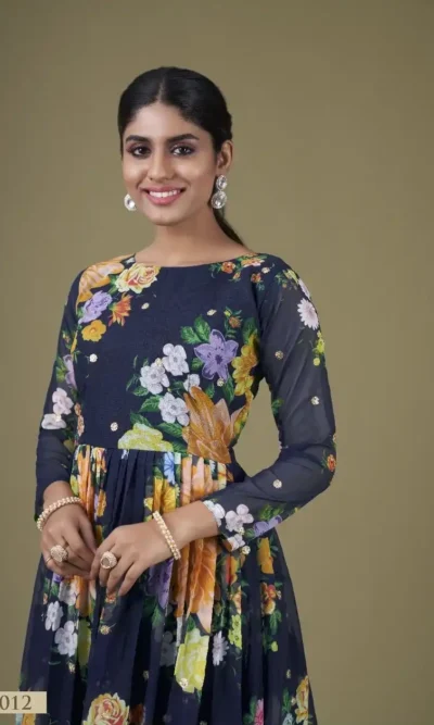 FLORAL  GEROGETTE NAVY BLUE GOWN