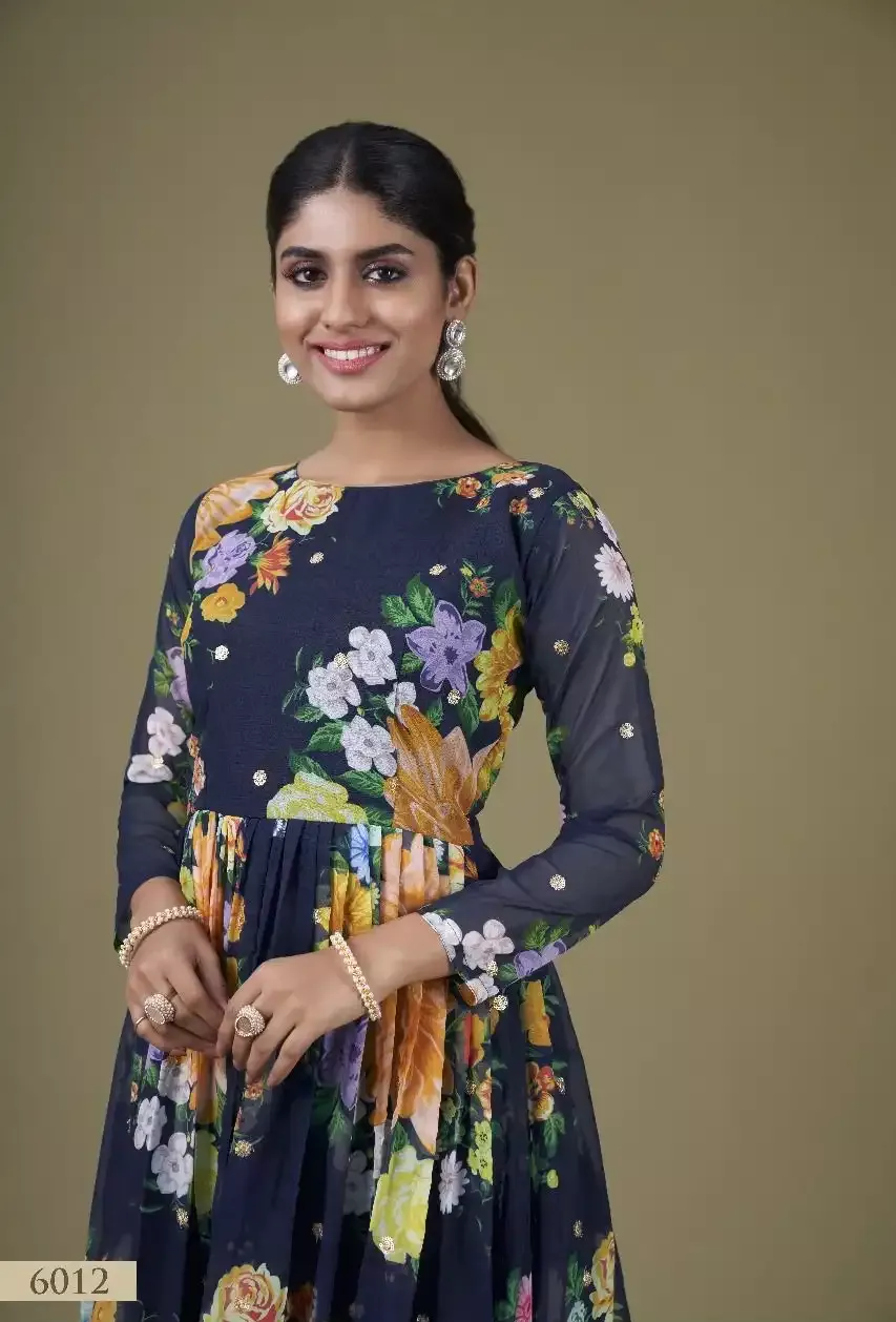 FLORAL GEROGETTE NAVY BLUE GOWN