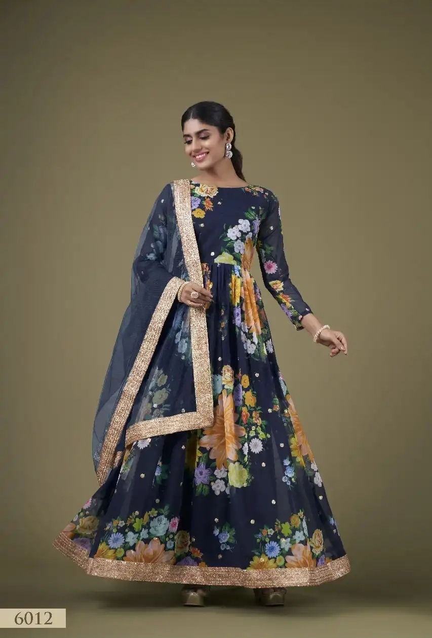 FLORAL GEROGETTE NAVY BLUE GOWN - Image 5