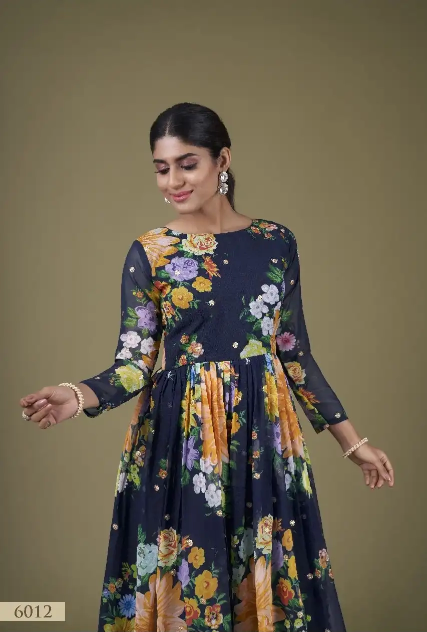FLORAL GEROGETTE NAVY BLUE GOWN - Image 4